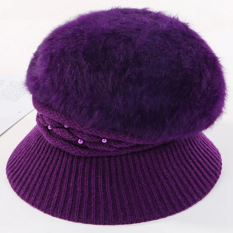 Pearl Purple HT2833 шапка из кроличьего меха осень-зима, шапки для женщин, Толстая теплая вязаная шапка с жемчугом и цветком, женская шапка с широкими полями - Цвет: Pearl Purple