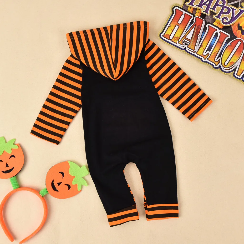 (0-18M) Infant Halloween striped jumpsuit with hood my 1st halloween hooded letter jumpsuit Halloween costume baby clothes F4