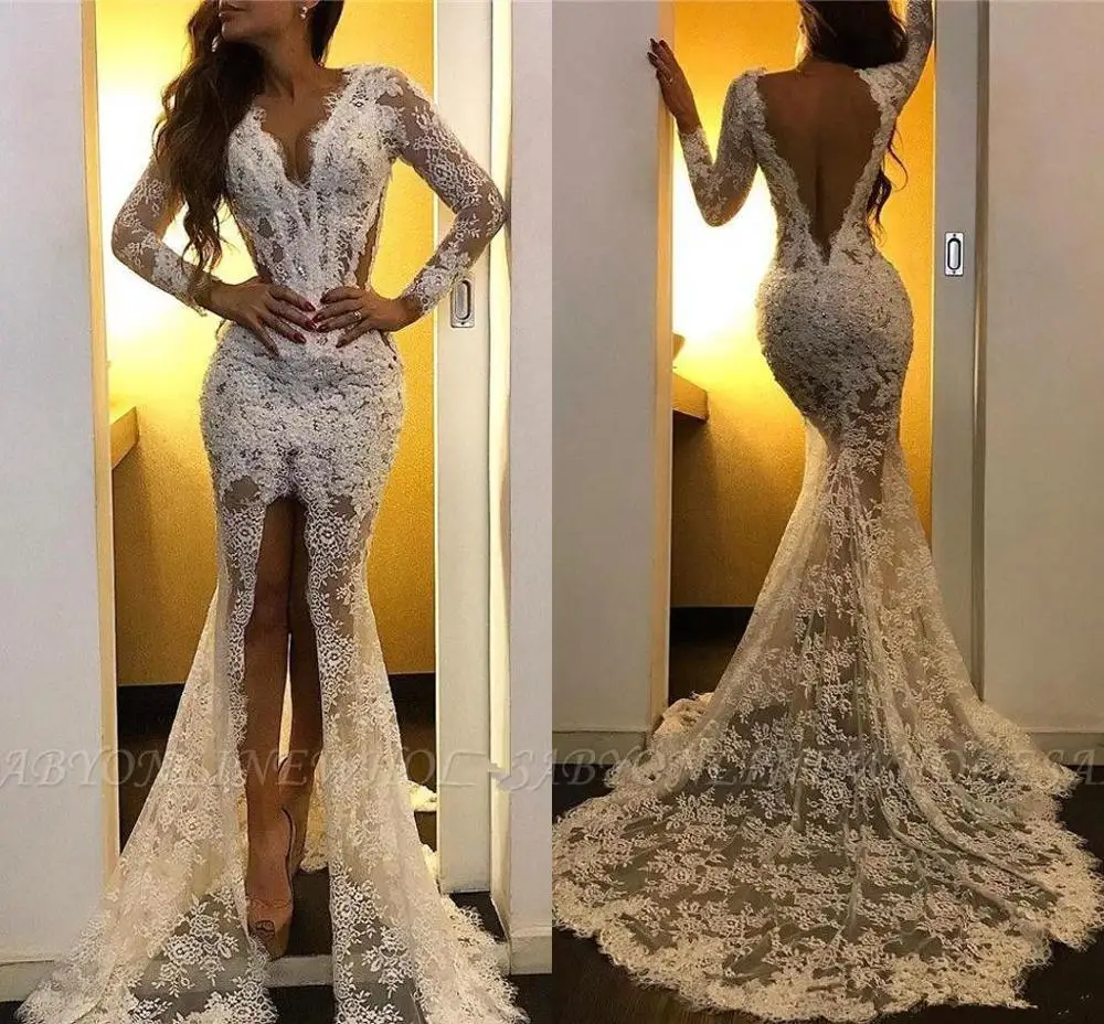 

Sexy Full Lace See Through Split Evening Dresses Pluning Neck Mermaid Open Back Celebrity Pageant Gowns For Women Prom Dress