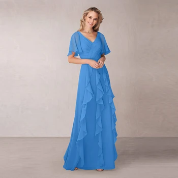 

Charming Sky Blue Full Length Chiffon Mother of the Bride Dresses Plunge V Neckline Short Sleeves Wedding Party Gowns Back Out