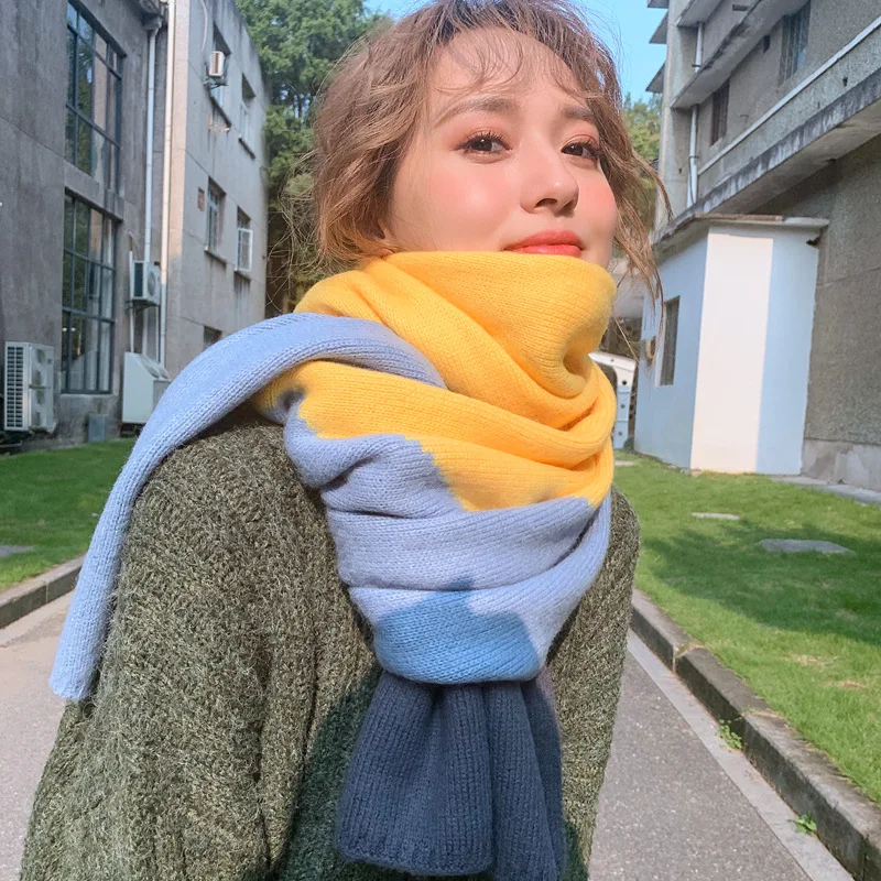 Korean Plaid Patchwork Female Scarves Rainbow Colorful Winter Knitted Scarf for Women - Цвет: as photo