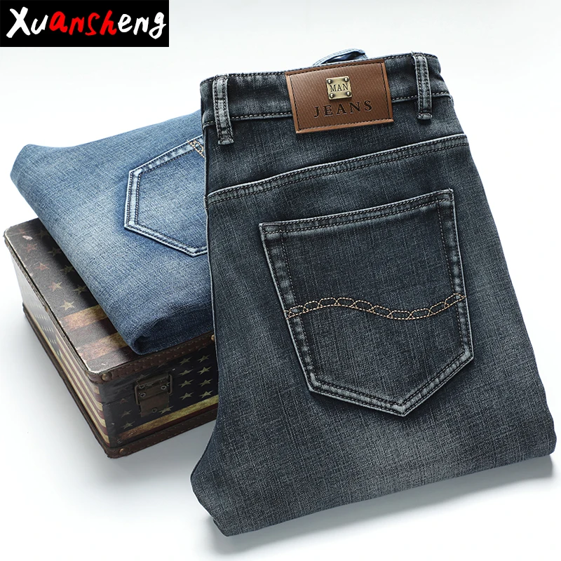 Brand blue gray black stretch men's jeans 2020 classic youth slim straight street grinding white craft fashion long pants | Мужская