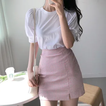 

Korean OL Summer Two Piece Set Women Skirt And Top Set O-neck Puff Sleeve T-shirt & Plaid Bodycon Mini Skirt Set Ensemble Femme