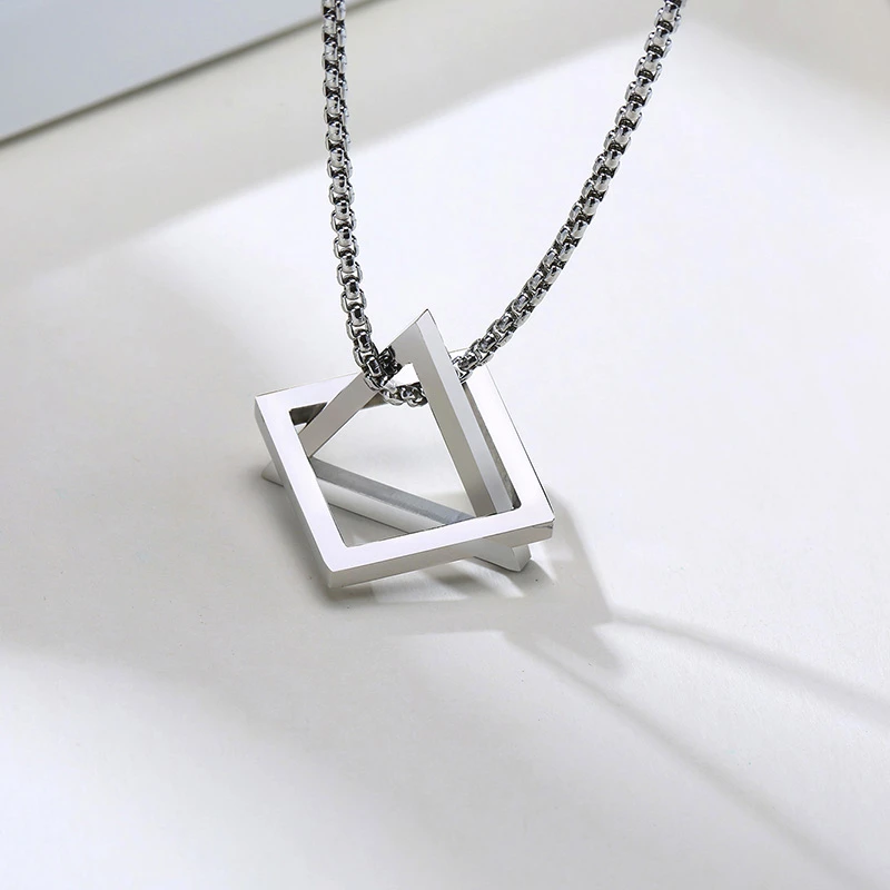 POPULAR INTERLOCKING SQUARE TRIANGLE MALE PENDANT FOR MEN STAINLESS STEEL MODERN TRENDY GEOMETRIC STACKING STREETWEAR NECKLACE