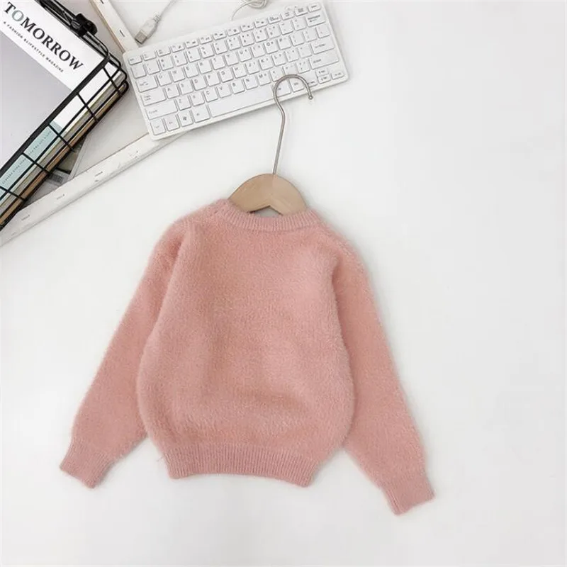 Детские зимние свитера, Вязаный топ с длинными рукавами для девочек, повседневный свободный осенний пуловер, свитер для девочек, одежда для детей 1, 2, 3, 4, 5, 6, 7 лет - Цвет: Pink