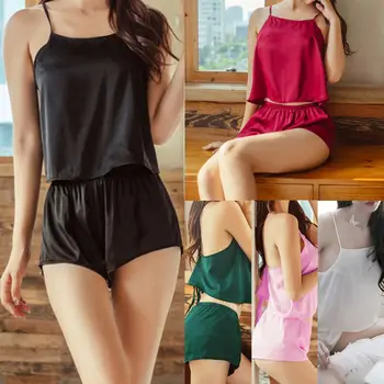 

Womens Imitation Silk Sexy Backless Summer Pajamas Set Solid Color Crop Top Camisole Wide Leg Shorts Sleepwear Sling Loungewear