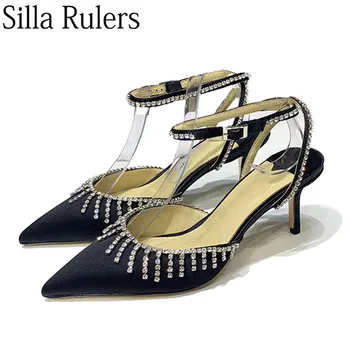 

Runway Rhinestone Fringe Sandals Woman Pointed Toe Thin Heels Mules Woman Black Silk Ankle Wrap Party Shoes Wendding Shoes