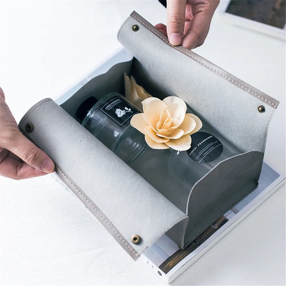 Nordic Grey PU Leather Tissue Box Paper Towel Storage Bag Multifunction Cosmetic Organizer Bag Dining Table Tissue Box