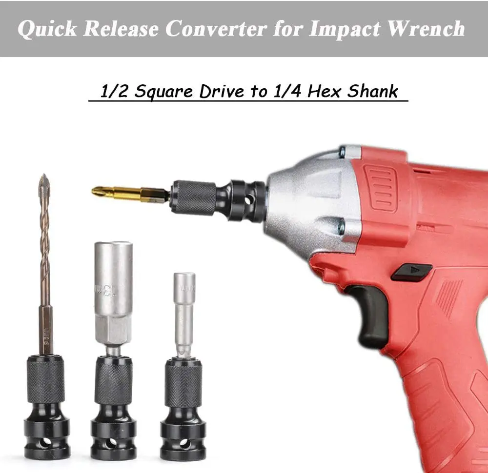 2 Sets Quick Release 1/2-Inch Square Drive to 1/4-Inch Hex Female Socket Impact Adapter Drill Chuck for Air and Electric Impact