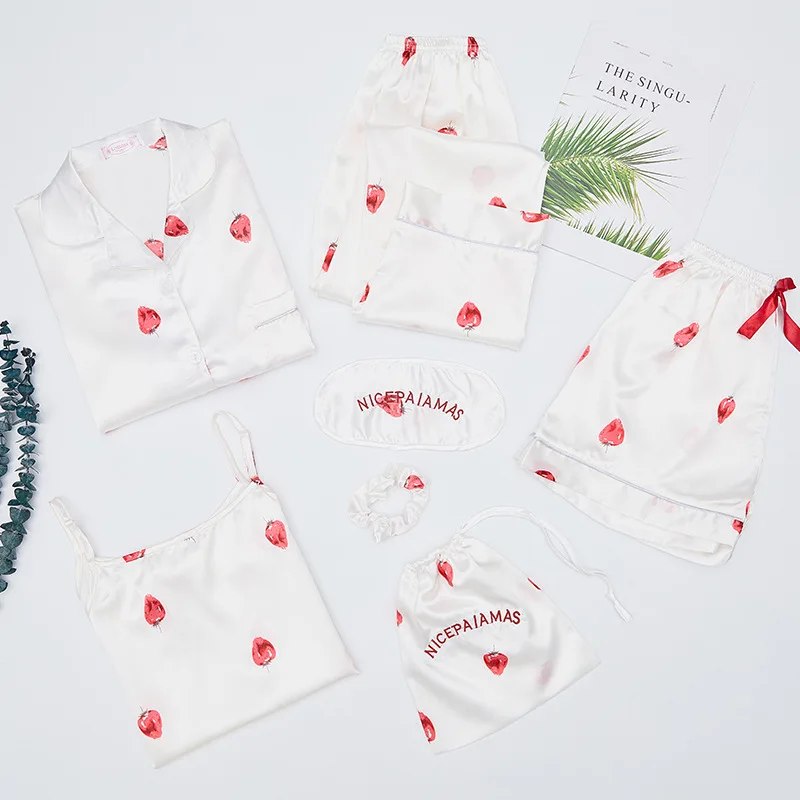

Spring Summer New Style Imitated Silk Fabric Strawberry Seven Sets Pajamas Women Long Sleeve Camisole Shorts Homewear Set 7