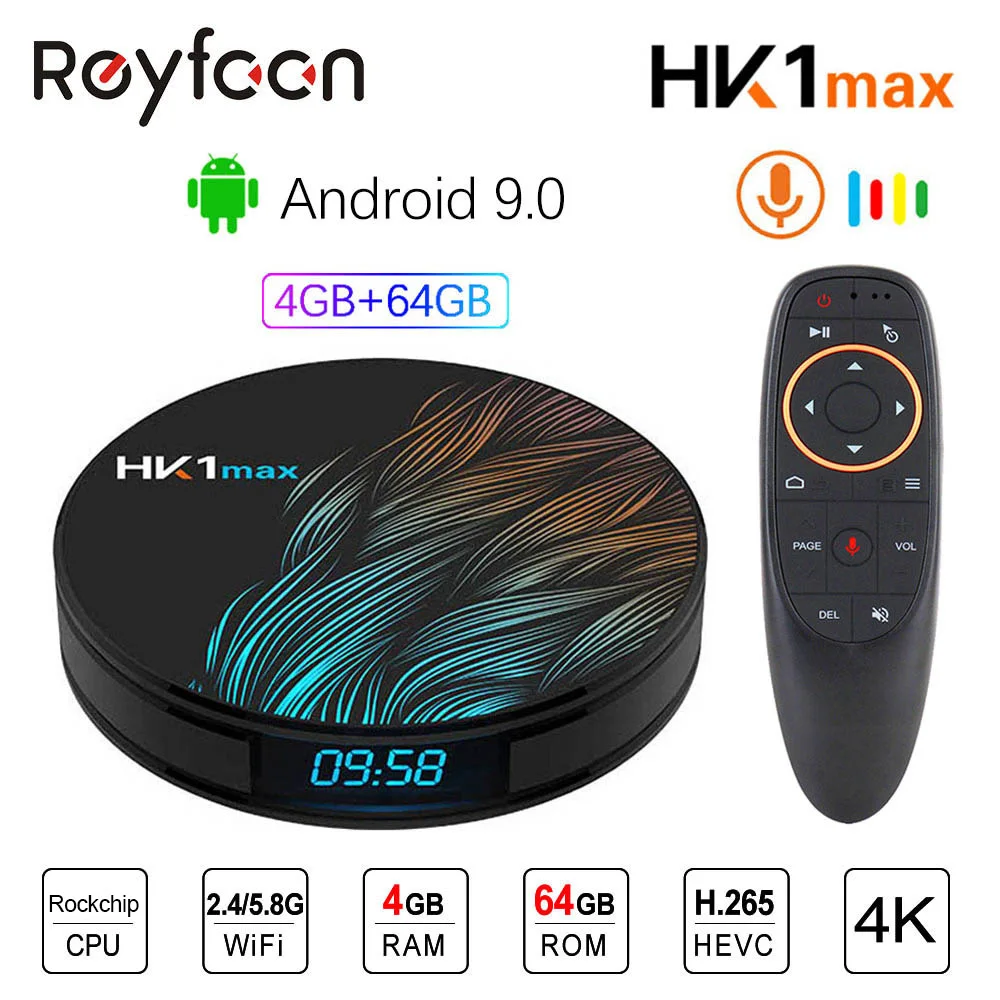 Smart Android 9.0 TV BOX 4GB RAM 64GB HK1 MAX Rockchip RK3328 USB3.0 1080P H.265 4K 60fps Dual Wifi Google Voice Control HK1MAX