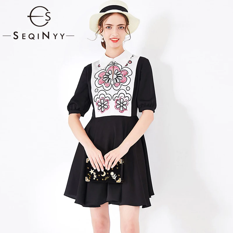 SEQINYY черное платье Лето Весна модный дизайн женское мини-платье с коротким рукавом и вышивкой из пайеток