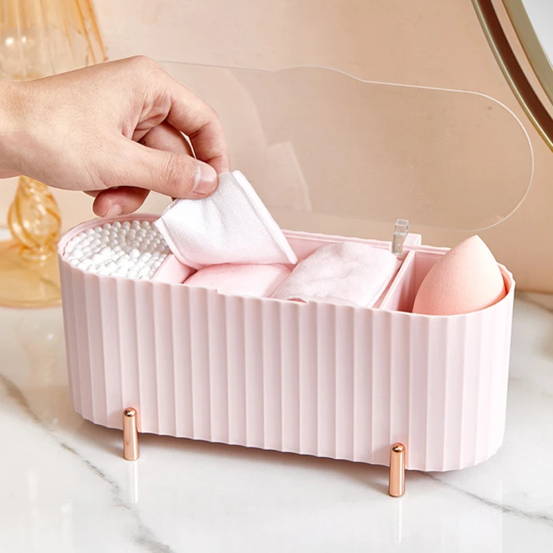 Caja de almacenamiento de cosméticos de escritorio, organizador de maquillaje a prueba de polvo para almohadillas de algodón, bastoncillos, soporte para huevos de belleza, organizador de joyas para Baño - 100 cosas bonitas para la casa