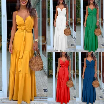 

Maxi Dress Women's Sexy Long Summer Dress Woman Elegant Green Blue White Party Dresses V-neck Sleeveless Ladies Clothes 2020 New