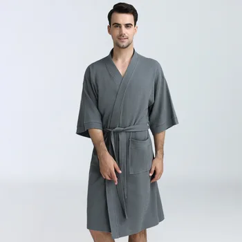 

Autumn Short Men Kimono Robe Waffle Belt Pyjamas Pocket Sleepwear Warm Nightgown Bathrobe Home Clothing Intimate Lingerie