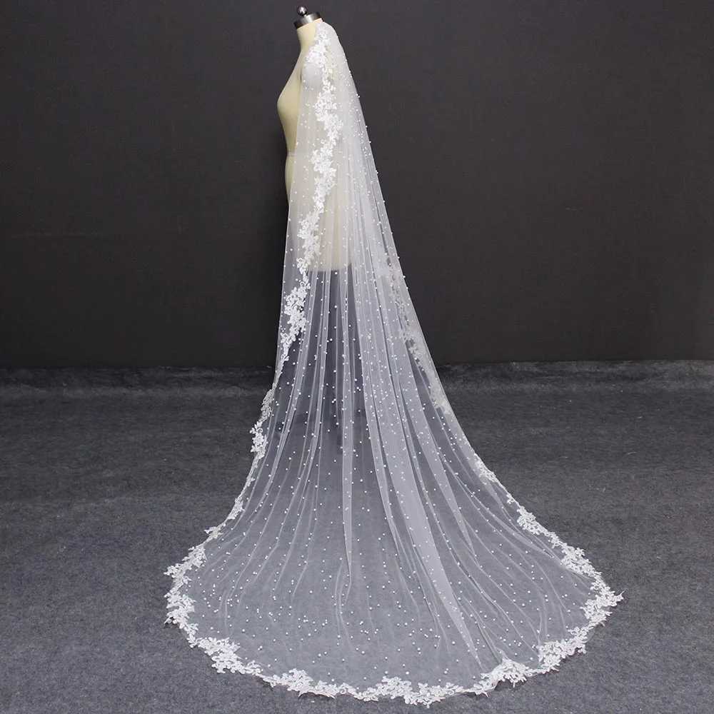 Customized Pearls Wedding Veil with Lace Appliques Edge 2.5 Meters Long Bridal Veil with Comb 250CM for Bride bridal veil