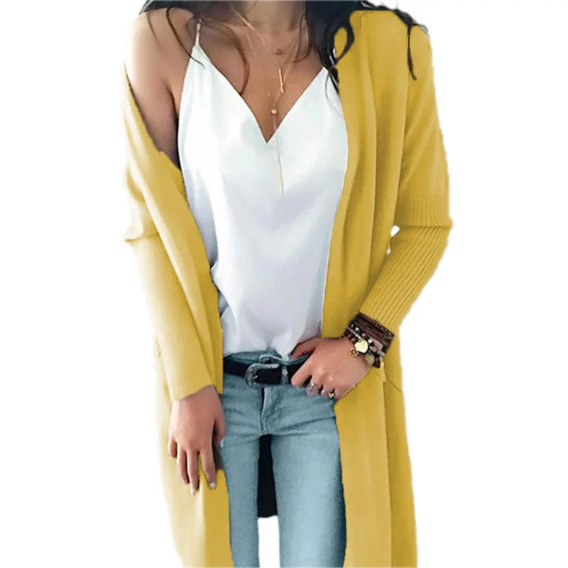 Yellow VITIANA, женский свитер, кардиганы, осень, Женский вязаный свитер с длинным рукавом, элегантные длинные пальто, женский кардиган с карманами - Цвет: Yellow