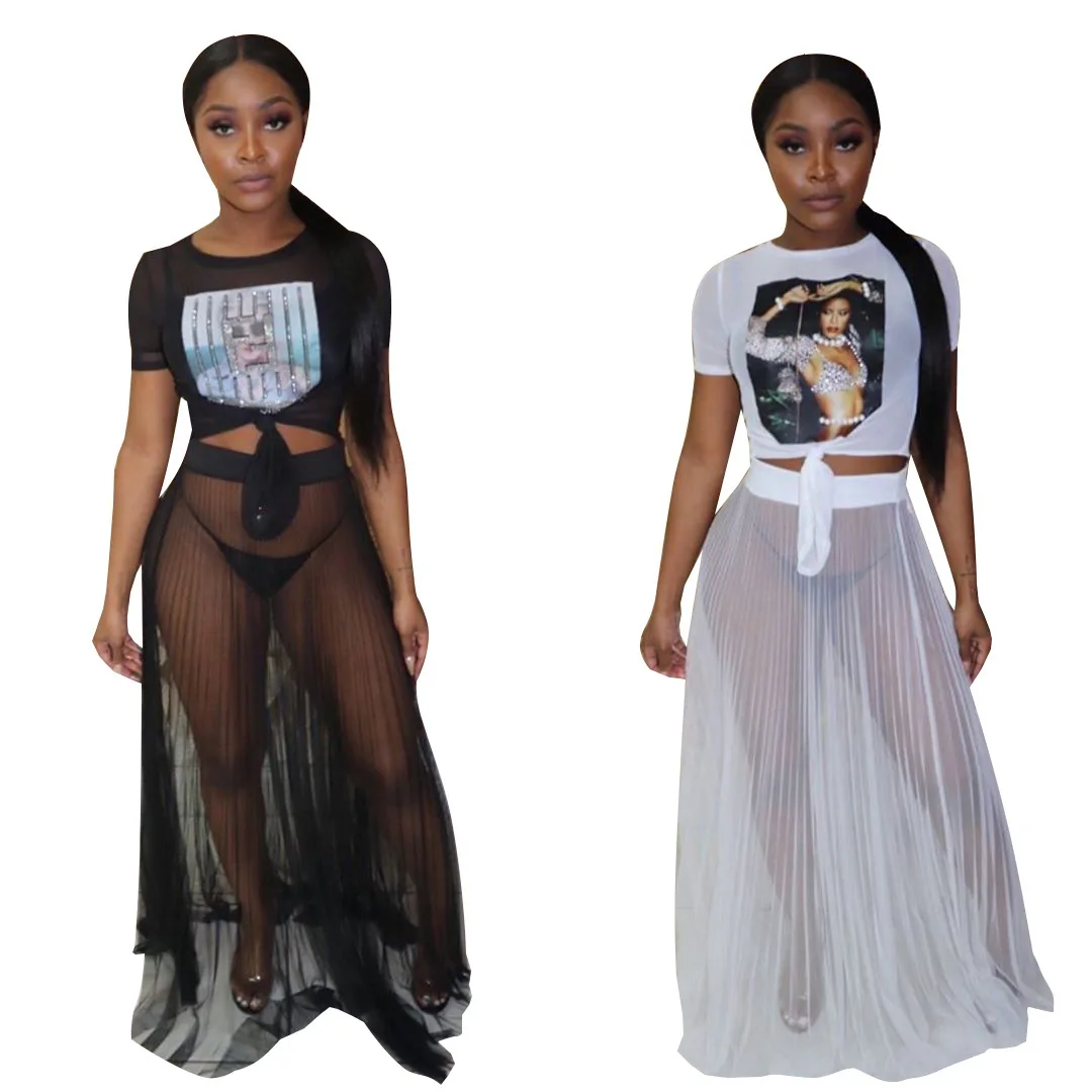 

2019 new style, fashionable European and American style, casual through color mesh gauze material, sexy pleated skirt