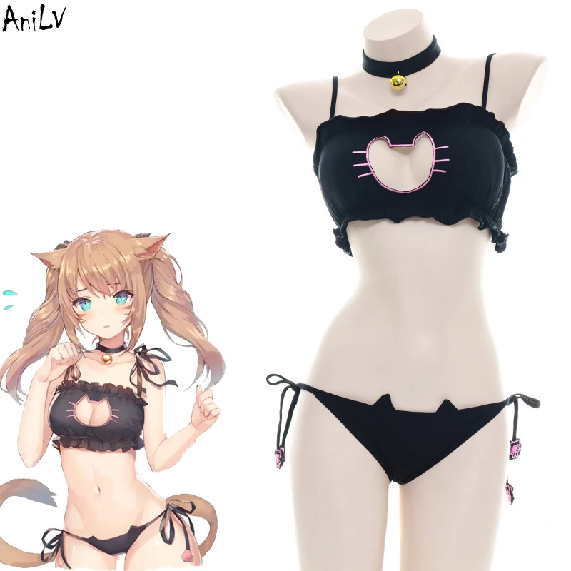 Anilv Anime Girl Cute Cat Paw Bell Bikini Costume Da Bagno Costume Da Donna Mini Lovely Cats Hollow Pigiama Uniforme Cosplay