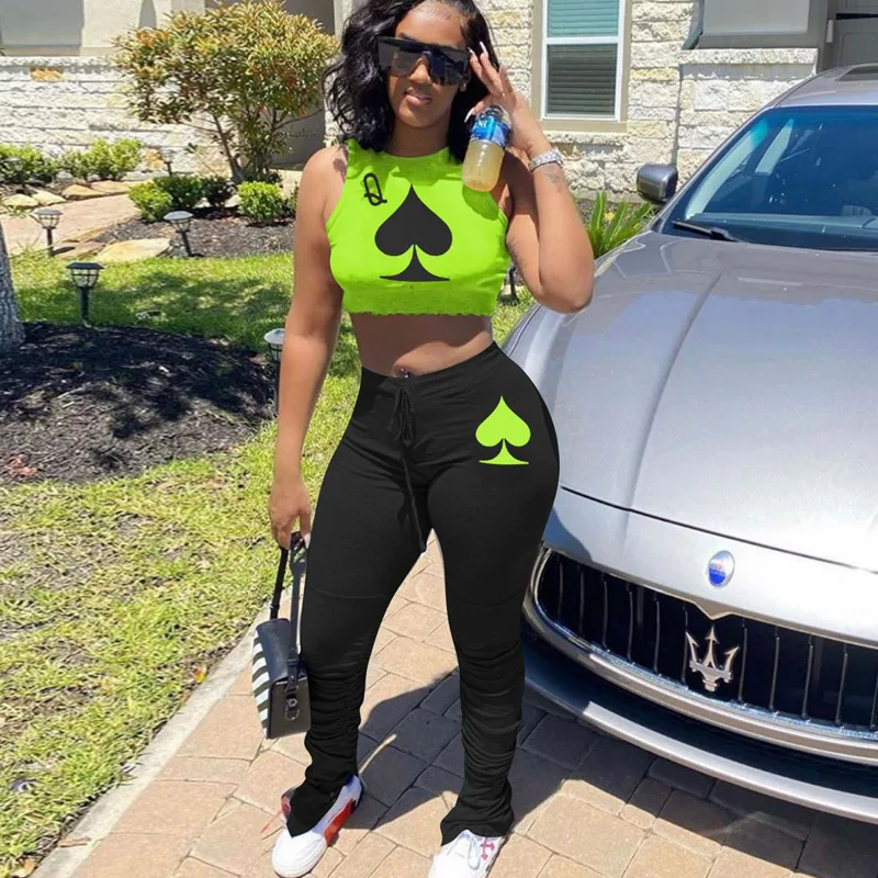 Kricesseen Sexy Black Poker Printed Two Piece Pant Set Women Sleeveless Tank Top And Long Pant Suits Matching Set Outfits