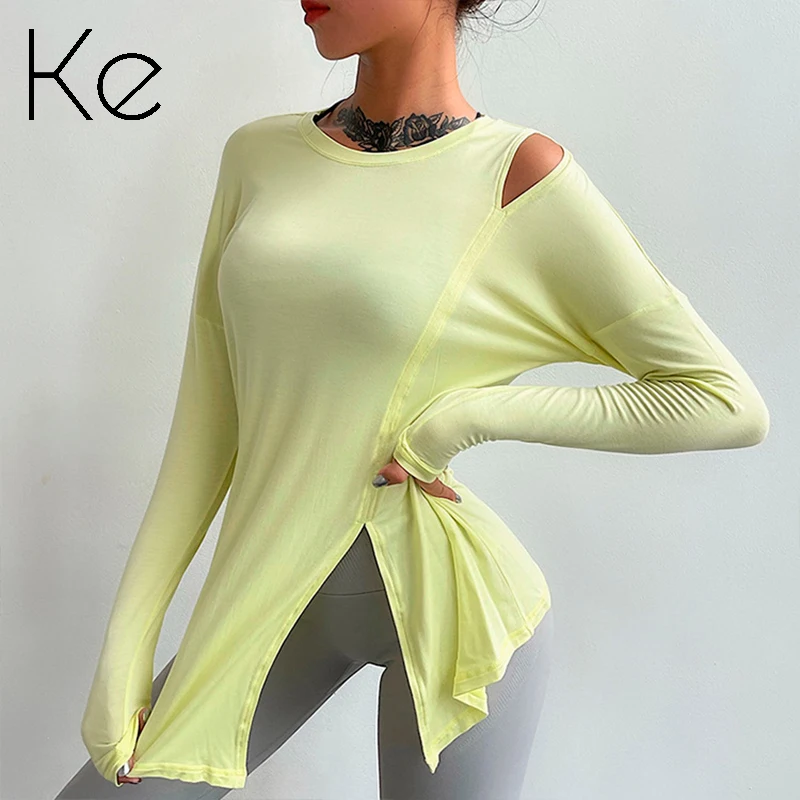 

KE Sexy off-the-shoulder sports top women's long-sleeved T-shirt tight-fitting stretch running hem split fitness training suit