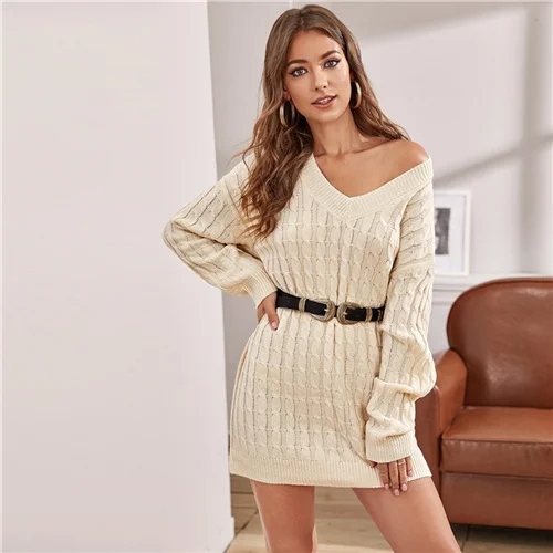 Beige Sheinside бежевое платье-свитер с открытыми плечами без пояса для женщин осенние прямые платья для девушек повседневное вязаное платье-свитер - Цвет: Beige