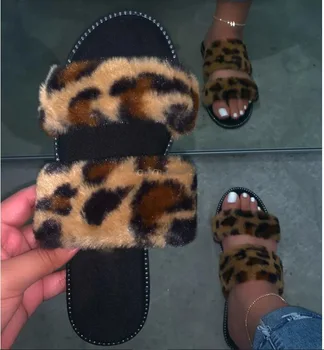 

2020 Fashion Women's Platform Winter Warm Sandals Leopard Print Slip-On Outside Slippers Ladies Cute Flat Slippers 9105