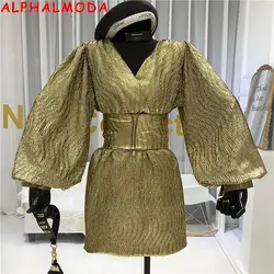 ALPHALMODA 2019 зимнее новое французское платье с v-образным вырезом дизайнерское модное ретро платье с рукавами-фонариками женское модное мини