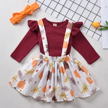 

Toddler Kids Girl Solid Tops Overalls Floral Skirt Headband Outfit Sets Infant Baby Girls Long Sleeve Autumn Fashion Sets 3Pcs