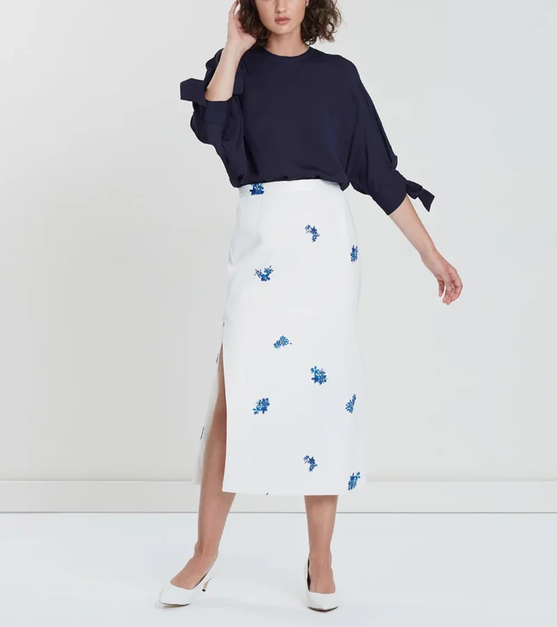AU Designer Blue Cluster Floral Printed Double Side Slit Pencil Skirt Elegance White High Waist Textured Tailored Midi Day Skirt