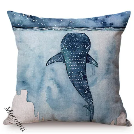 Blue Whale Style Ocean Animal Cushion Cover Water Color Painted Girls and Whale Dolphin Fairy Tales Decoration Sofa Pillow Cover 0097-7