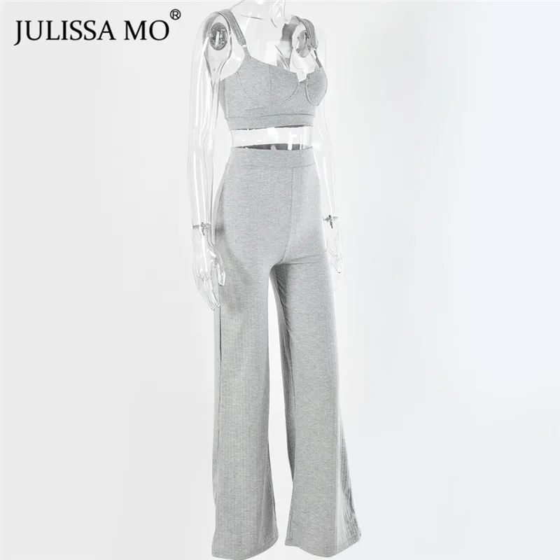 Julissa mo Rib вязаный комплект из двух предметов сексуальный укороченный топ и высокая талия широкие ноги брюки наборы для женщин наряды осенние повседневные спортивные костюмы