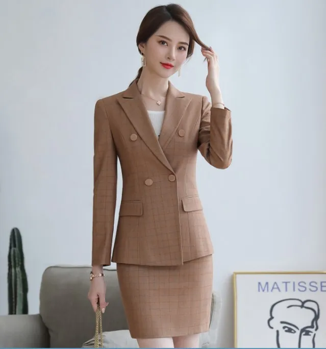 Yellow coat skirt Осенние новые модные женские юбочные костюмы формальный темперамент длинный рукав тонкий клетчатый Блейзер и юбка Офисная Леди интервью Рабочая одежда - Цвет: Yellow coat skirt
