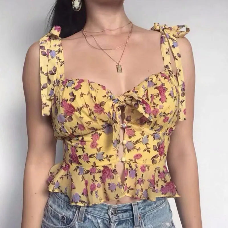 

High Quality 2019 New Holiday Wind Chest with Sweet Print Ruffled Side Buckle Short Sling Top