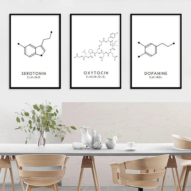 

Creative Chemical Molecular Structure Canvas Painting DOPAMINE OXYTOCIN SEROTONIN Living Room Simple Black White Decor Pictures