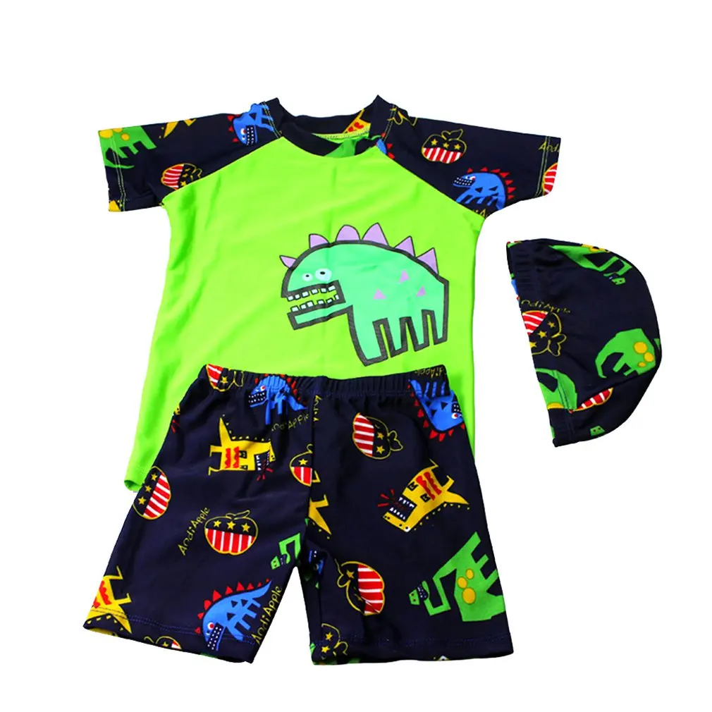 Детская одежда для купания для мальчиков; Быстросохнущий купальный костюм с рисунком динозавра для маленьких мальчиков; рубашка; плавки; шапочка для плавания; Комплект из трех предметов - Цвет: green