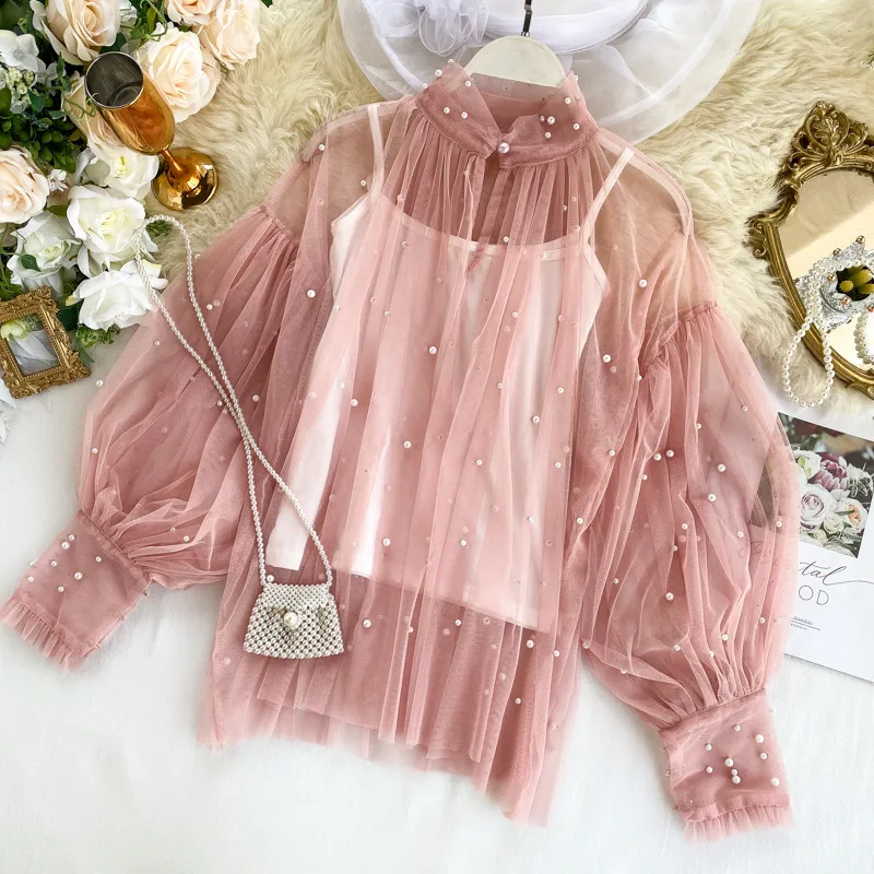 pink Водолазка, прозрачная, с заклепками, расшитая бисером, сетчатая блузка, рубашка, женская, летняя, с рукавом-фонариком, комплект из двух предметов, сетчатая рубашка, базовые топики - Цвет: pink