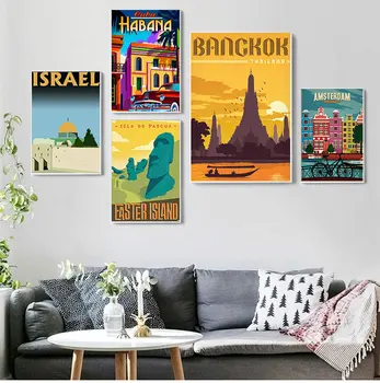 

Bangkok Tel Aviv Europe World City Tour Travel Scenery Vintage Landscape Poster Prints Wall Art Canvas Painting Room Home Decor