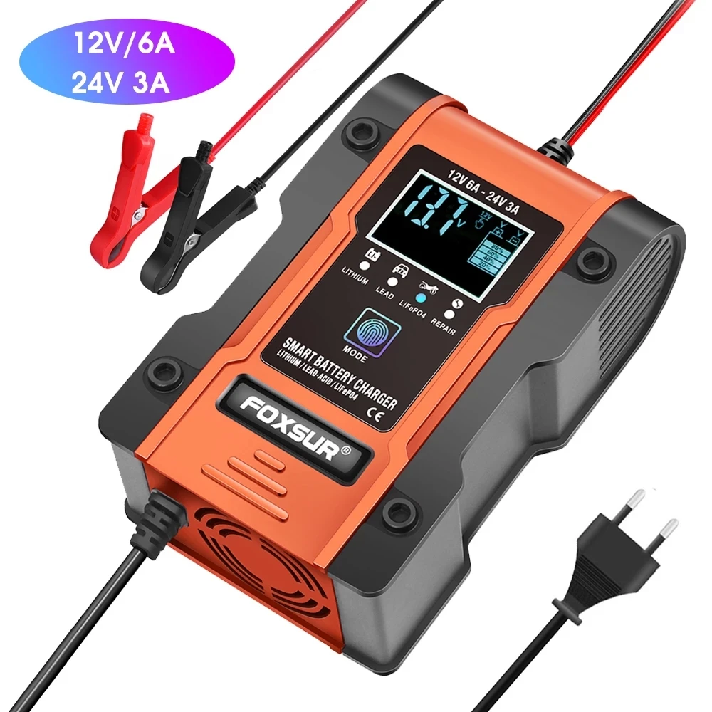 FOXSUR 12V/24V 6A автомобиля Батарея Зарядное устройство 7-Stage Смарт Автоматическая