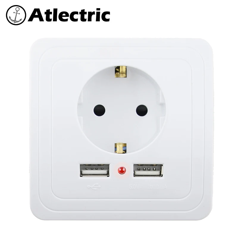 Atlectric, двойной USB порт, зарядное устройство, адаптер, штепсельная вилка европейского стандарта, электрическая розетка, черная, белая, серебристая, пластиковая панель переходник usb,разетка с usb для дома,розетки