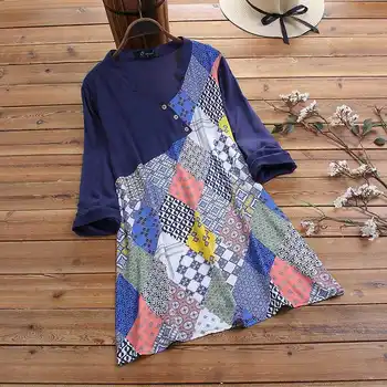 

ZANZEA Casual Floral Printed Long Sleeve Blouse Women Vintage Patchwork Shirt Retro V Neck Loose Tunic Tops Spring Blusas Mujer