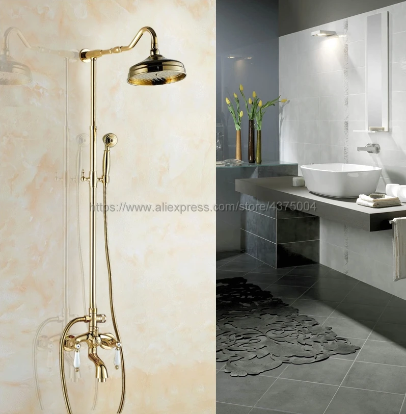 

Polished Gold Bathroom 8" Rainfall Shower Faucet Set Double Handle Bath Shower Mixer Taps Wall Mounted with Handshower Ngf681