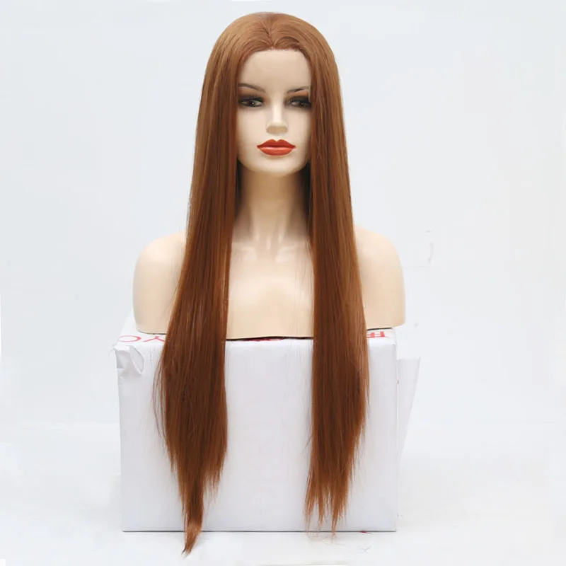 

RONGDUOYI Long Silky Straight Brown Synthetic Lace Front Wig Middle Part Heat Resistant Glueless Front Lace Wigs for Women