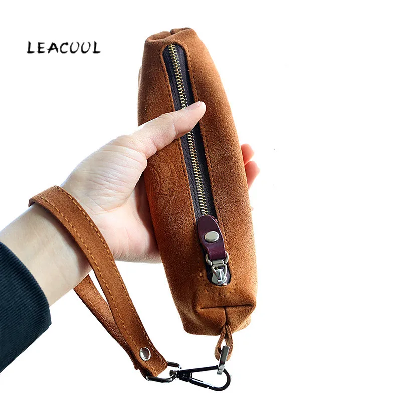 

Spilt Pure Leather Pen Pencil Bag Men Woman Vintage Crazy Horse Cowhide Long Zipper Key Wallet Coin Purse Storage Bag Case Male