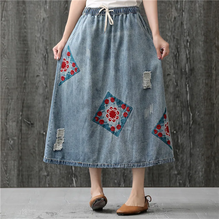 

Vintage literary geometric embroidery eastern style denim A-Line skirt saia with pockets