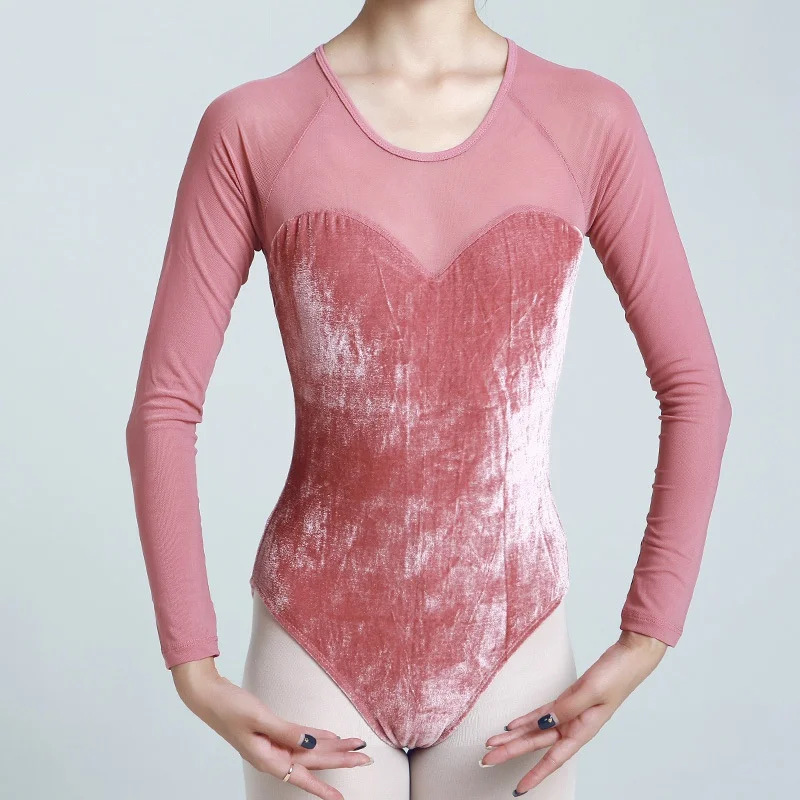 С длинным рукавом для балета трико Женская Одежда для танцев для взрослых Балетная одежда бархатная гимнастика баскетбольный балет танцевальная одежда - Цвет: Pink