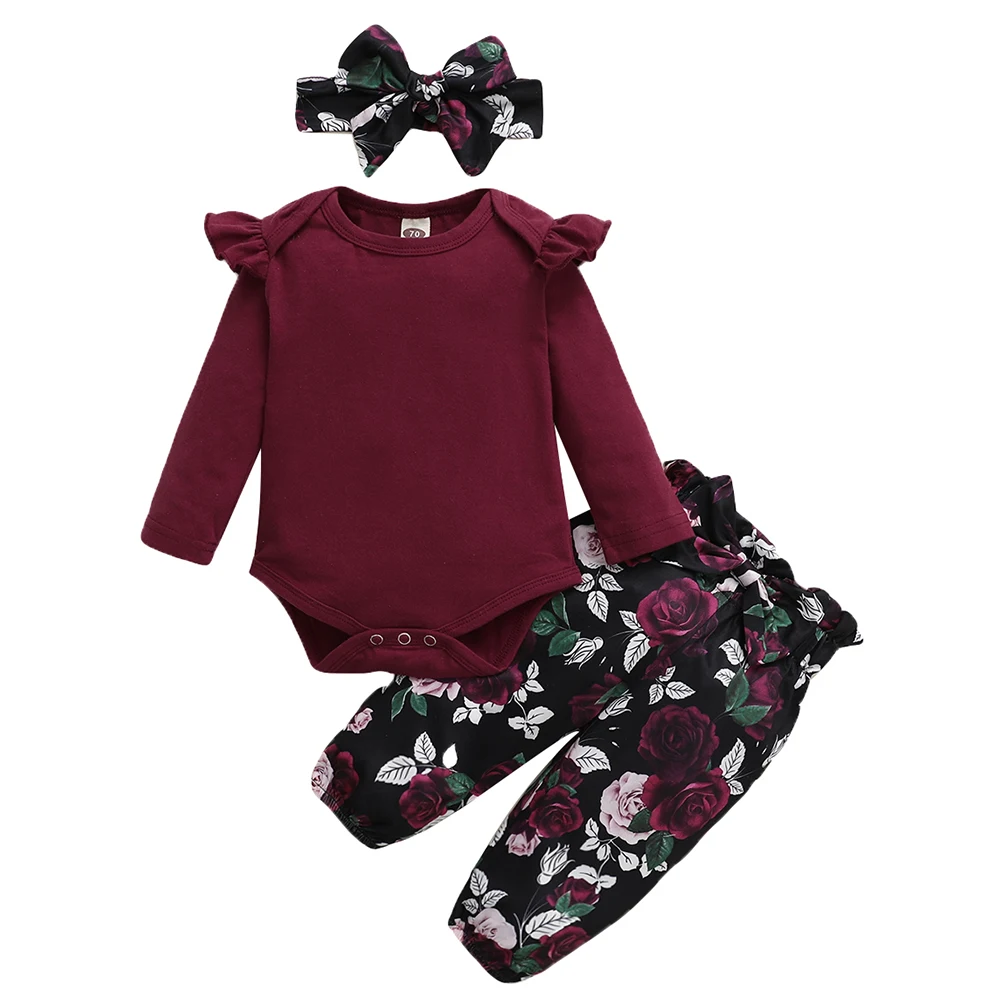 

Ruffle Fall Long Sleeve Cotton Baby Girl Clothes 3Piece Set 2020 Christmas Baby Outfits Floral Bodysuit+trousers+Headband D30