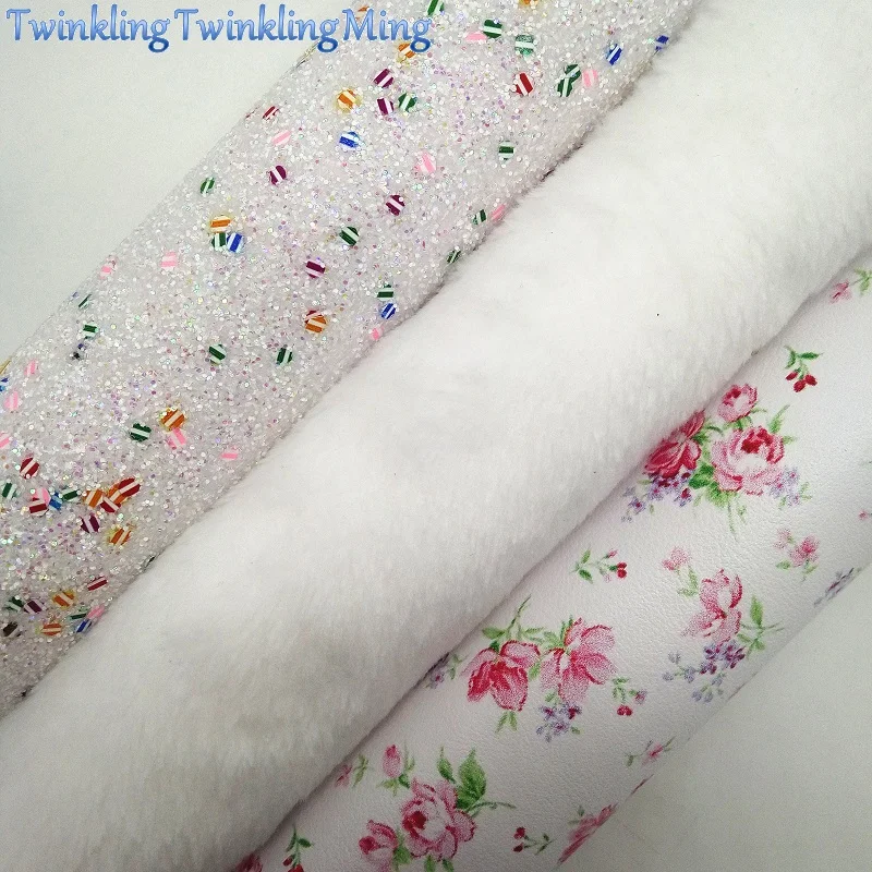 White Glitter Fabric, Faux Fur, Flowers Printed Faux Fabric Sheets For