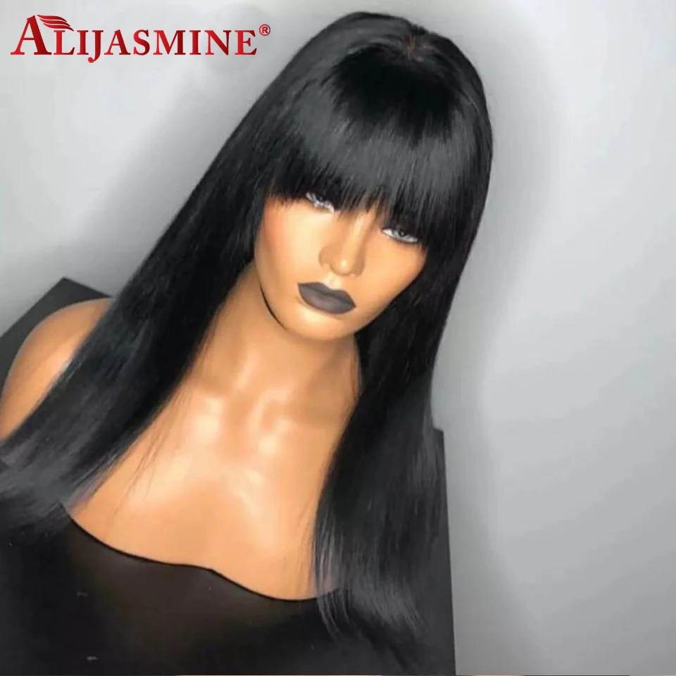 

Silk Straight 360 Lace Frontal Human Hair Wigs With Bangs For Black Women 130% Density Frontal Wigs Peruvian Remy Hair Bang Wigs