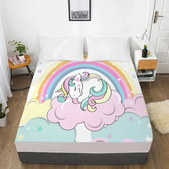 

Unicorn Cartoon Fitted Sheets Mattress Cover With Elastic Band 3D Bed Sheet LinensFor Baby Kids Child Girls Boys 90x200 160x200